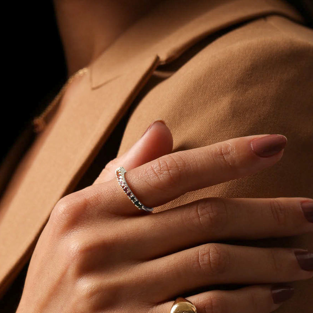 Anel Haal Meia Aliança de Pedra Natural - Prata 925